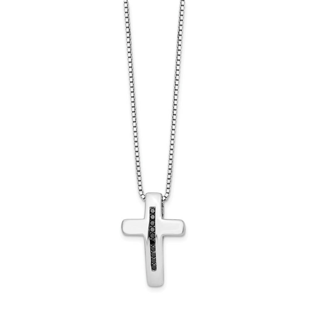 Black Diamond Cross Necklace in Rhodium Plated Silver, Inch