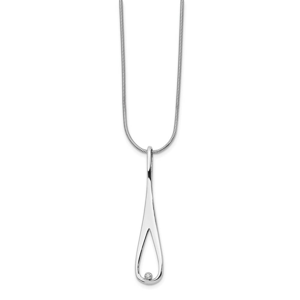 Rhodium Plated Silver & Diamond Elongated Tear Necklace, Inch
