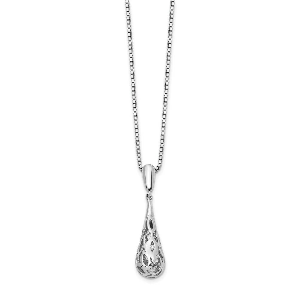 3D Filigree Diamond Tear Necklace in Rhodium Plated Silver, Inch