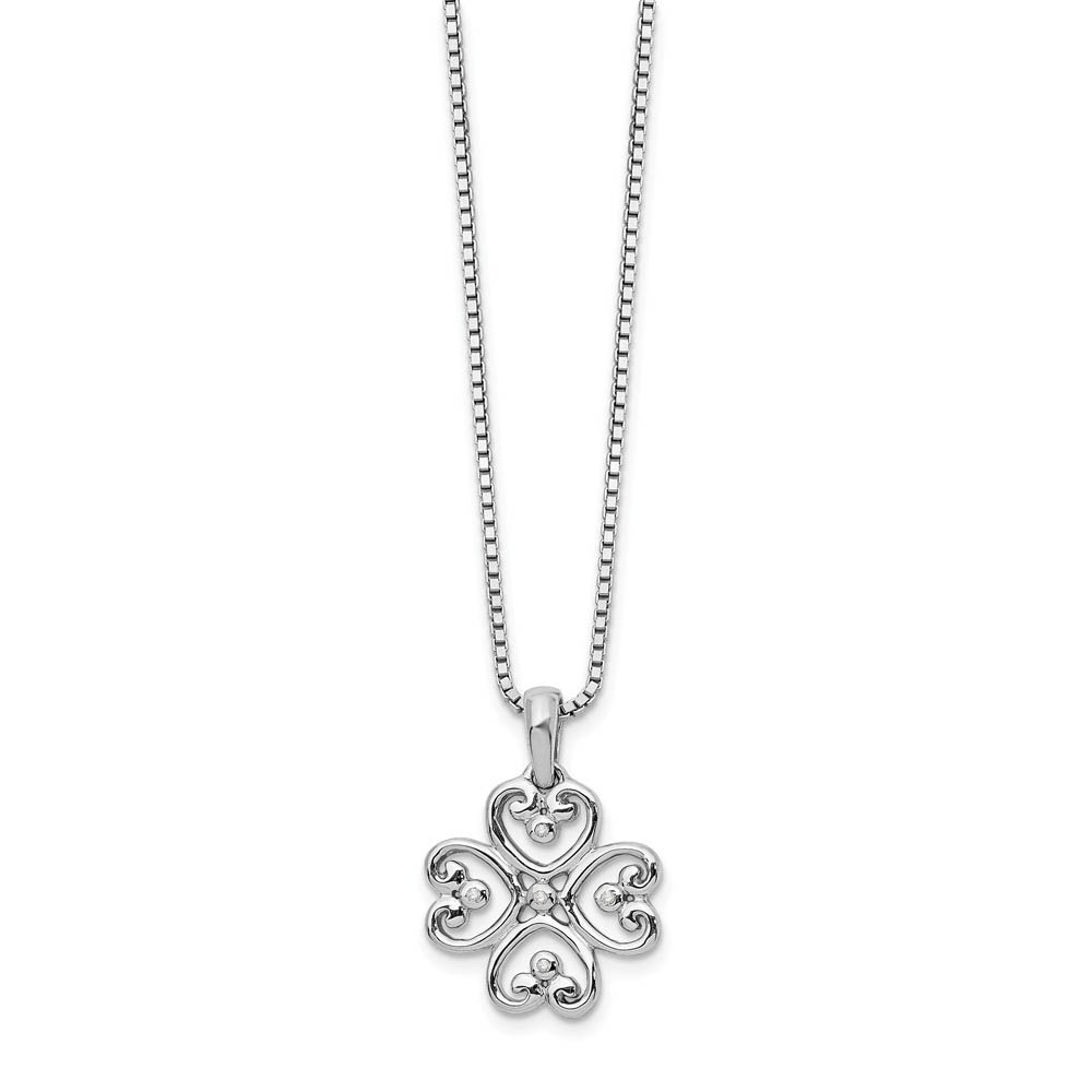 4 Heart Diamond Clover Necklace in Rhodium Plated Silver, Inch