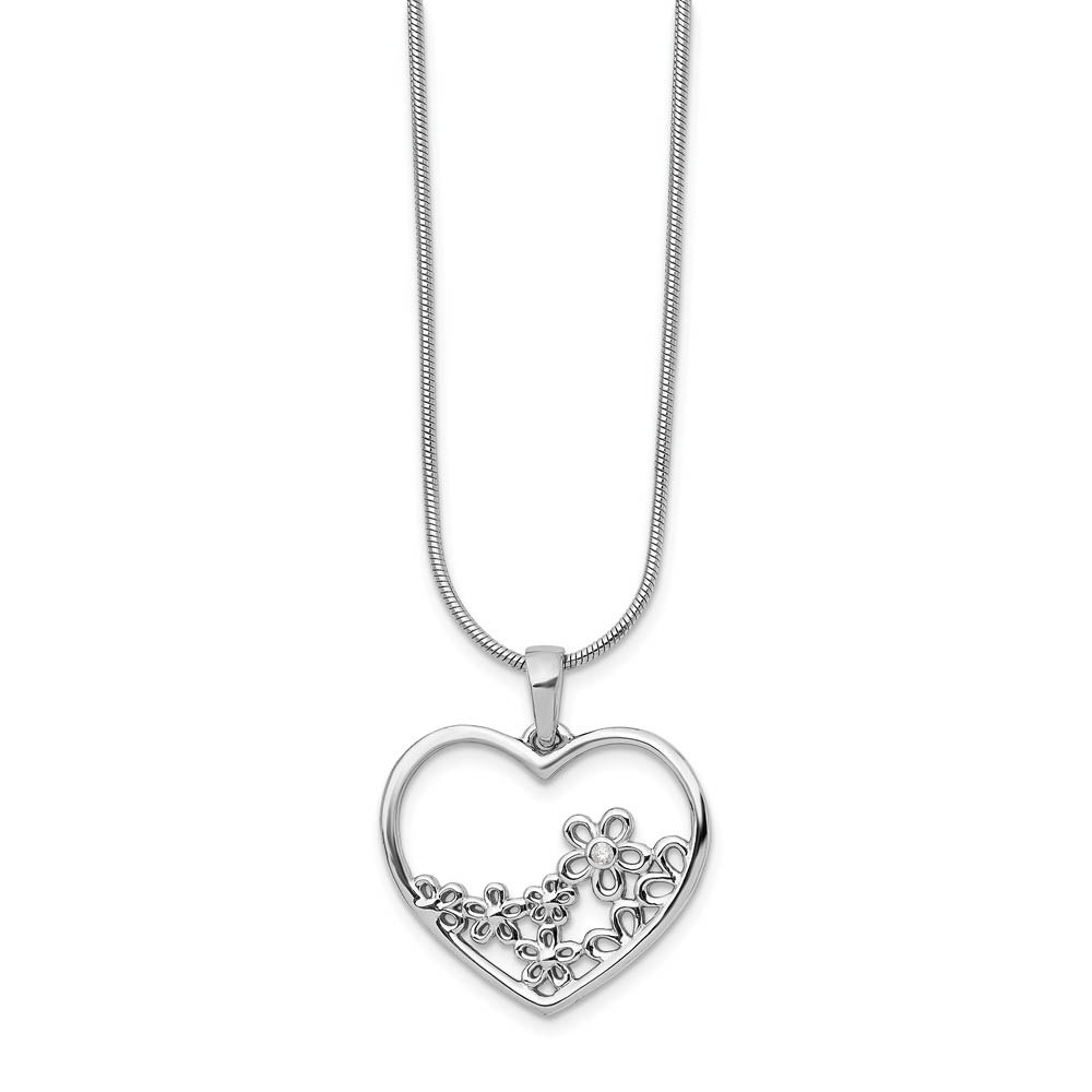 Heart & Flower Diamond Necklace in Rhodium Plated Silver, Inch