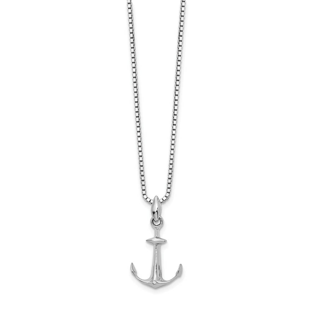 Diamond Accented Anchor Necklace in Rhodium Plated Silver, Inch