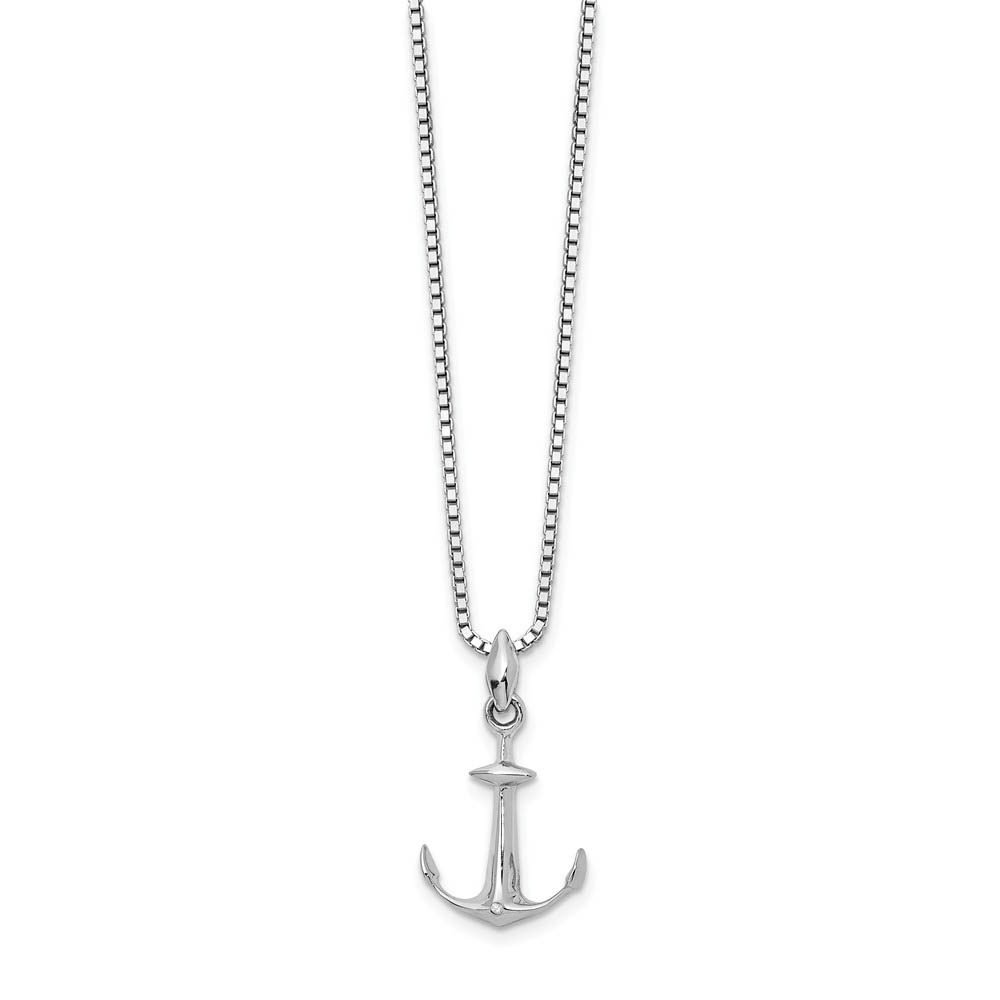 Diamond Accented Anchor Necklace in Rhodium Plated Silver, 18-20 Inch