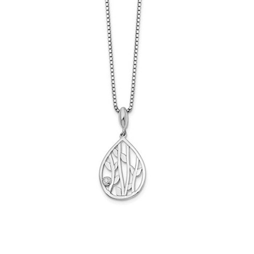 Diamond Leaf Teardrop Necklace in Rhodium Plated Silver, Inch