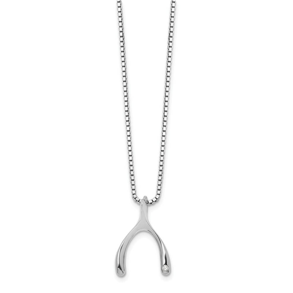 Diamond Wishbone Necklace in Rhodium Plated Silver, Inch