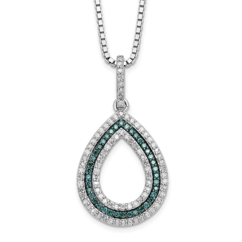 Blue &amp; White Diamond Open Teardrop Necklace in Sterling Silver