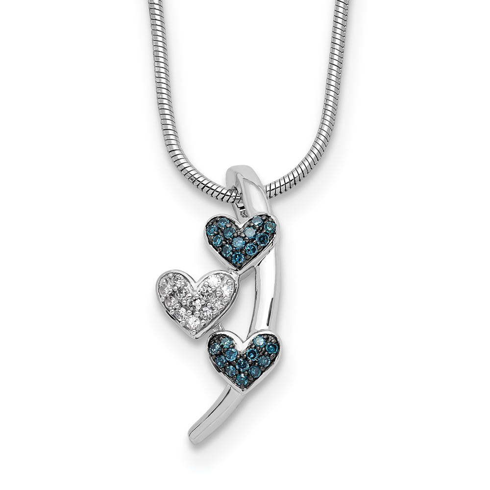 Blue &amp; White Diamond Triple Heart Slide Necklace in Sterling Silver