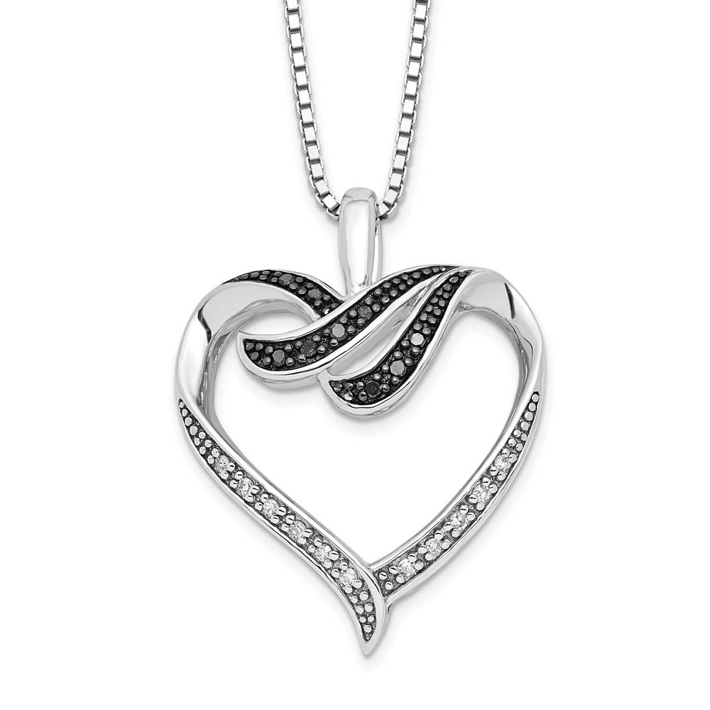 Black &amp; White Diamond 22mm Ribbon Heart Necklace in Sterling Silver