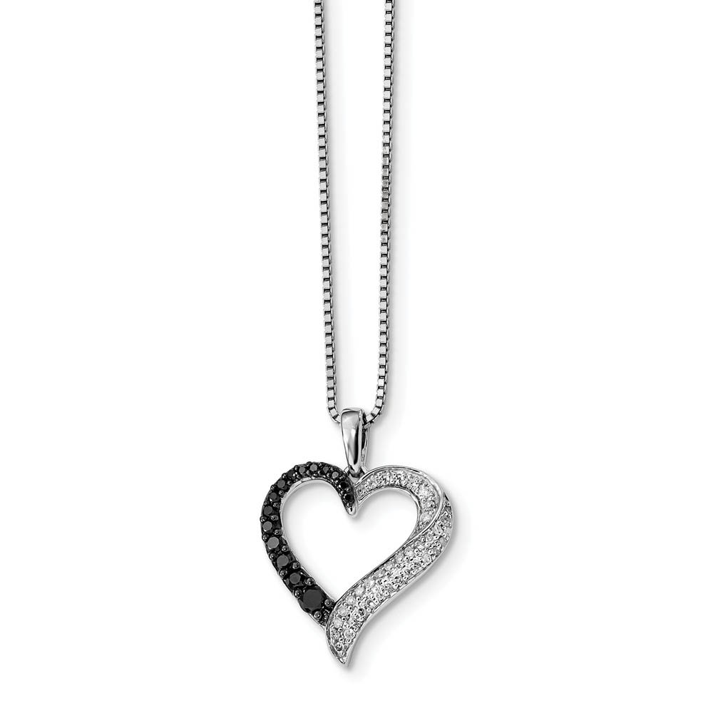 Black &amp; White Diamond 20mm Ribbon Heart Necklace in Sterling Silver