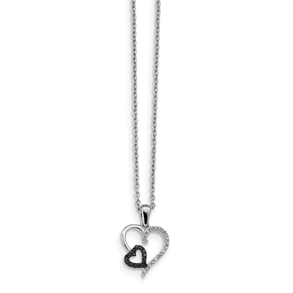 Black &amp; White Diamond 13mm Double Heart Necklace in Sterling Silver