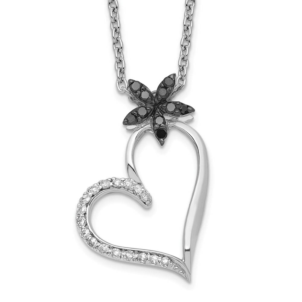 1/6 Ctw Black &amp; White Diamond Flower Heart Necklace in Sterling Silver