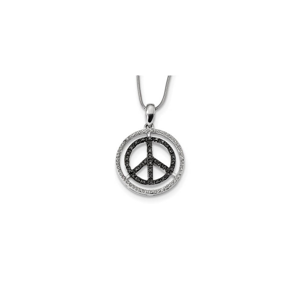 Black &amp; White Diamond 21mm Peace Sign Necklace in Sterling Silver