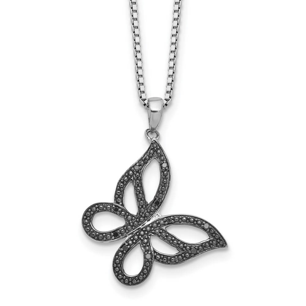 Black Diamond 21mm Butterfly Rhodium Plated Sterling Silver Necklace