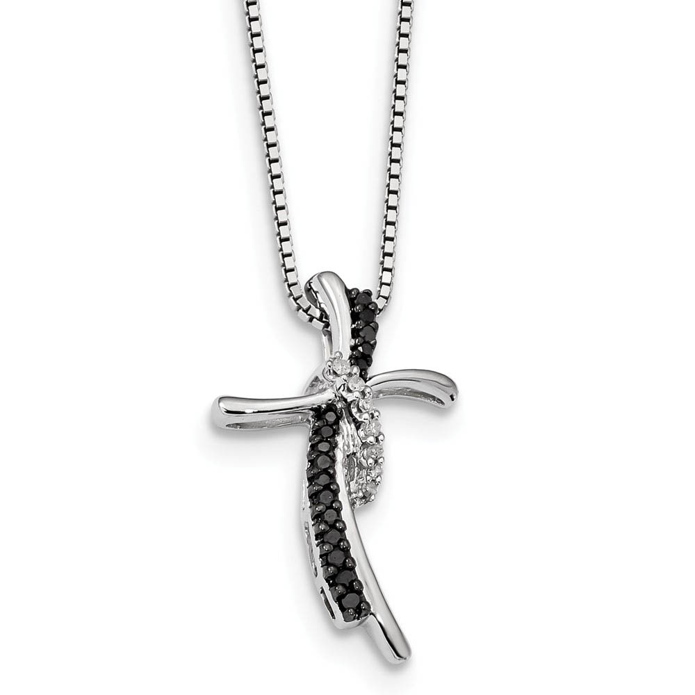 Black &amp; White Diamond Double Crescent Cross Sterling Silver Necklace