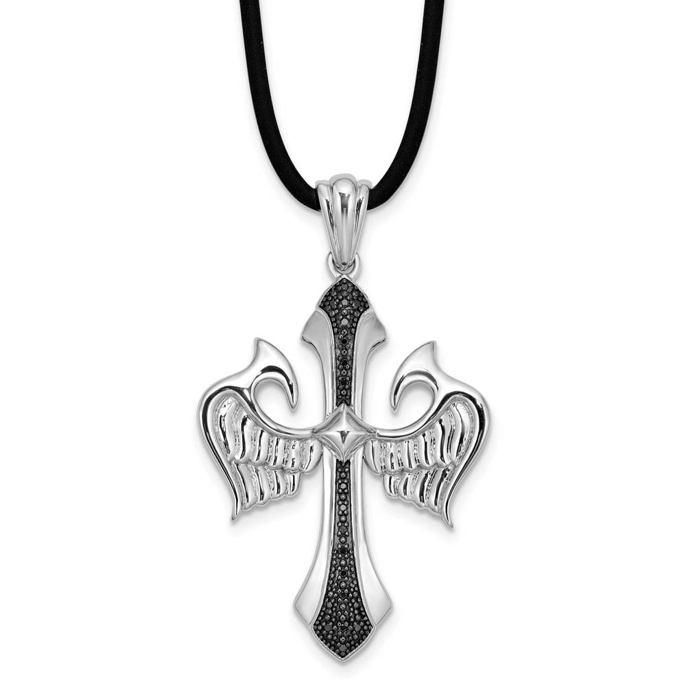 Black Diamond Sterling Silver Cross with Wings &amp; Rubber Cord Necklace