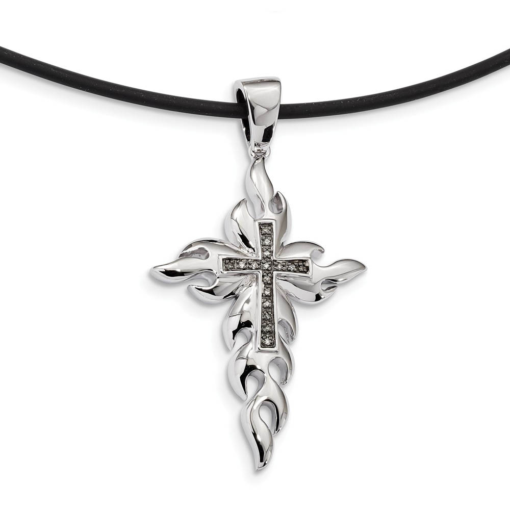 Two Tone Sterling Silver Flaming Diamond Cross &amp; Rubber Cord Necklace