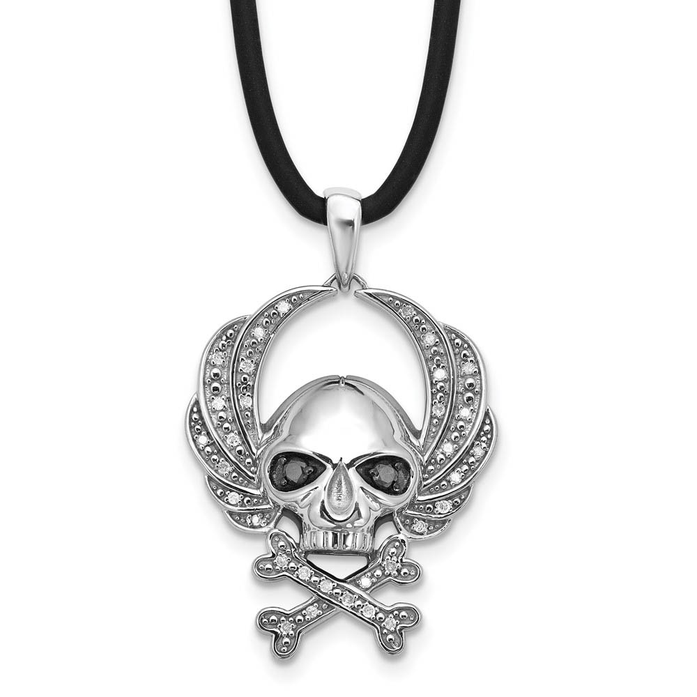 Black &amp; White Diamond Sterling Silver Skull &amp; Crossbones Cord Necklace