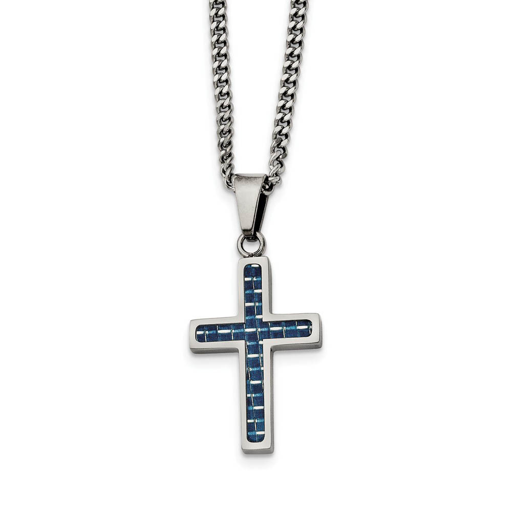 Stainless Steel &amp; Blue Carbon Fiber Small Cross Necklace, 20 Inch