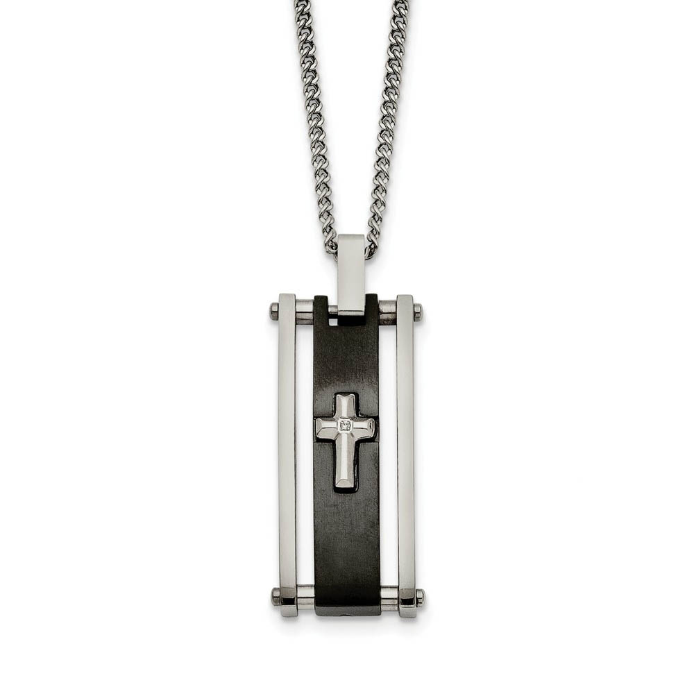 Stainless Steel &amp; Black Plated CZ Cross Rectangle Necklace, 22 Inch