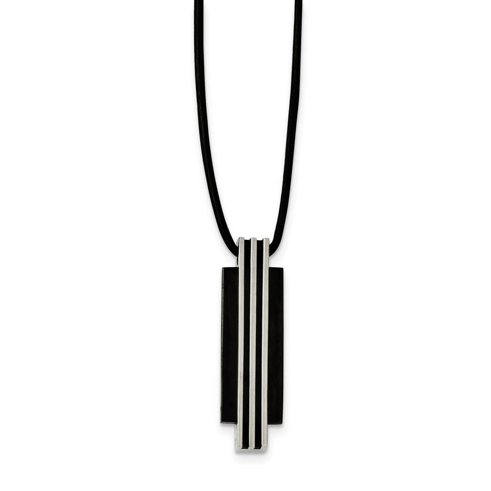 Two Tone Stainless Steel Vertical Bar &amp; Rubber Cord Necklace, 20 Inch