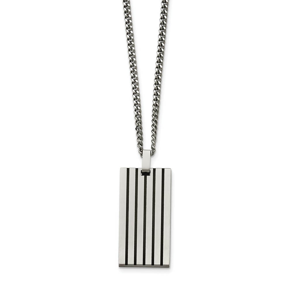 Black Rubber Striped Brushed Stainless Steel Dog Tag Necklace, 22 Inch