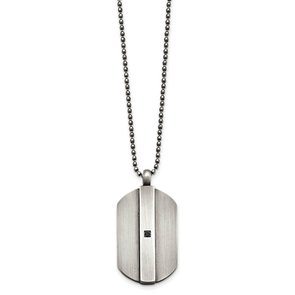 Antiqued Brushed Stainless Steel &amp; Black CZ Dog Tag Necklace, 20 Inch