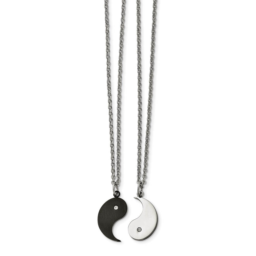 Black Plated Stainless Steel Yin Yang Necklace Set w CZ
