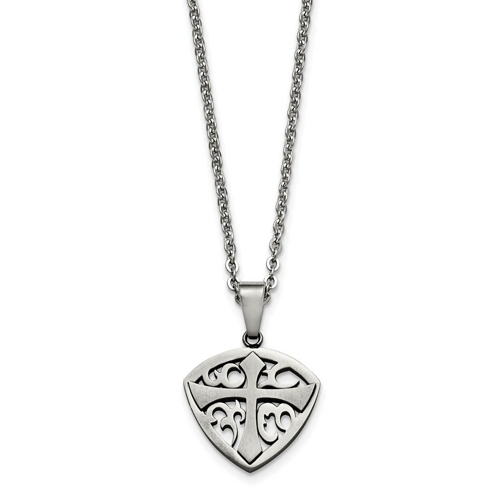 Polished and Brushed Shield Cross Necklace in Stainless Steel, 20 Inch