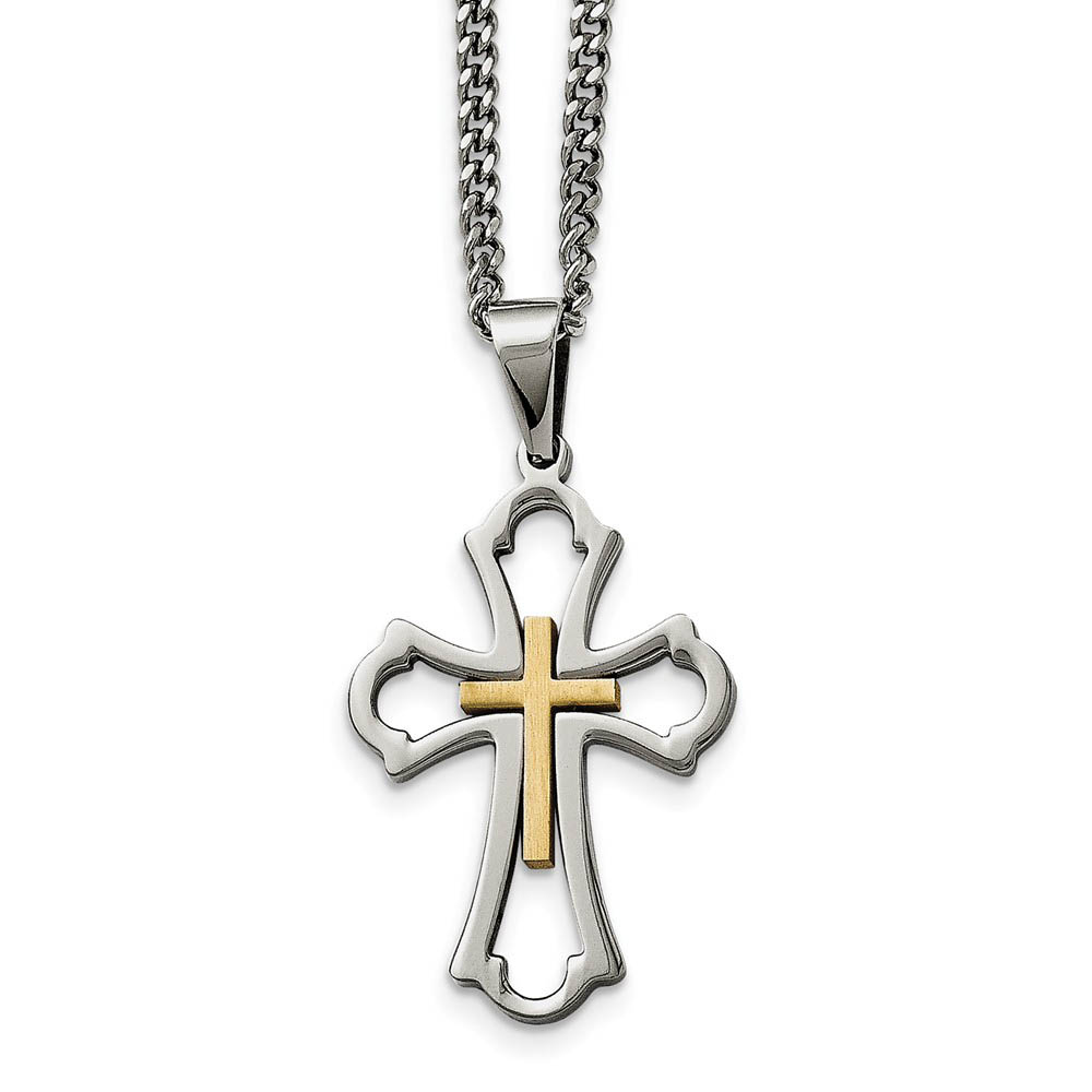 Polished &amp; Brushed Stainless Steel &amp; Gold Tone Cross Necklace, 22 Inch