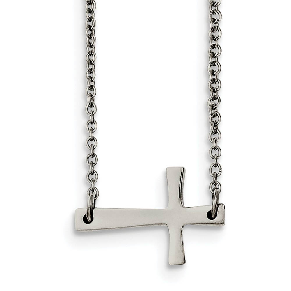 Polished Sideways Cross Necklace in Stainless Steel, 16.75 Inch