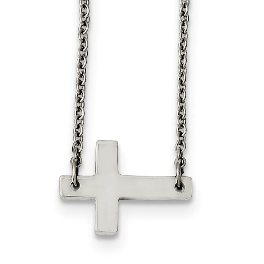 Polished Sideways Latin Cross Necklace in Stainless Steel, 16.75 Inch