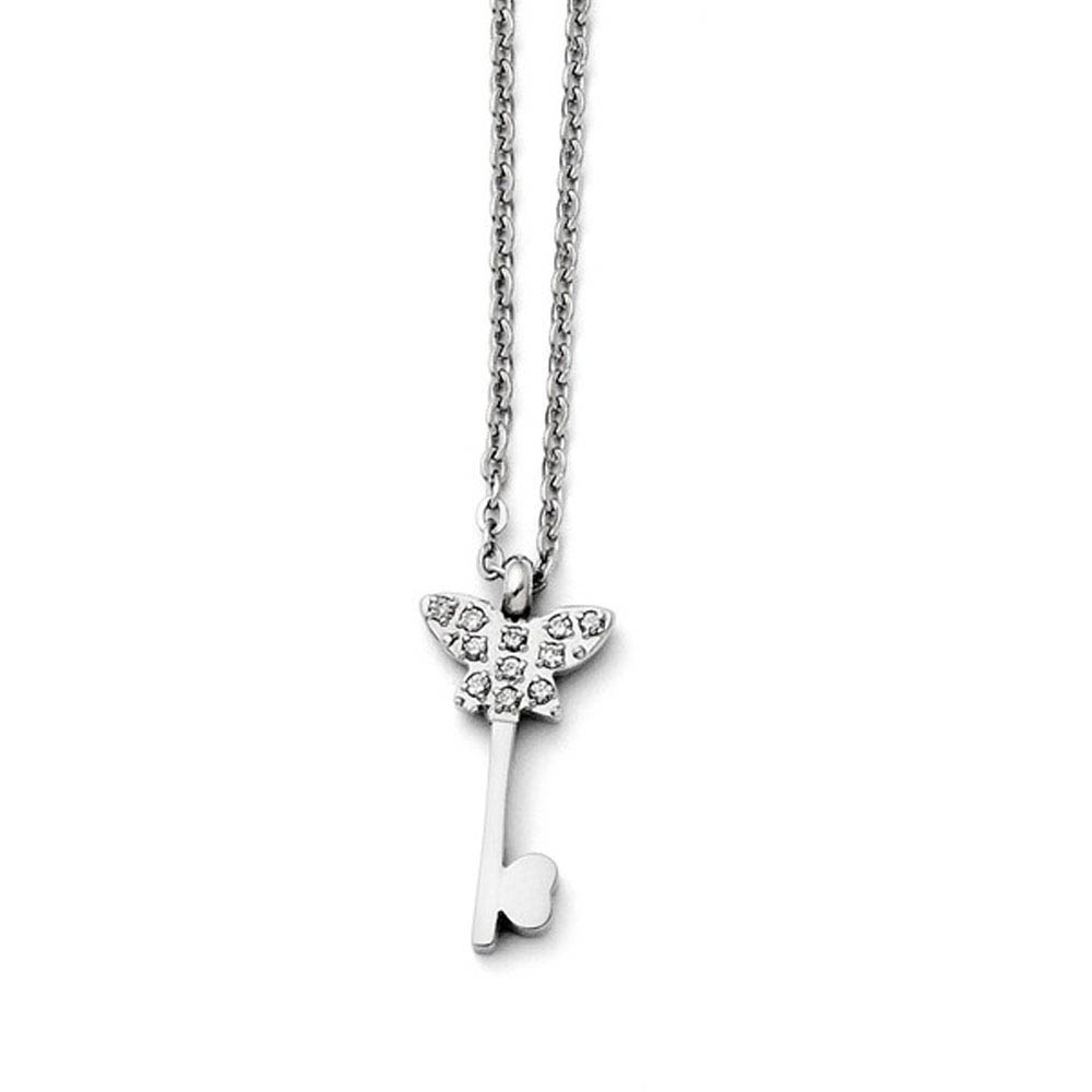 CZ Butterfly Key Adjustable Necklace in Stainless Steel, 16-18 Inch