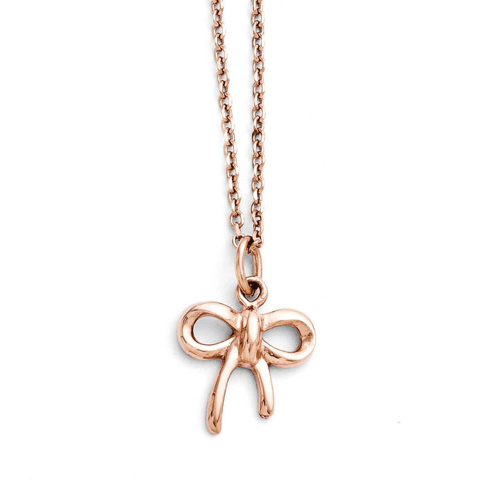 Rose Gold Tone Stainless Steel Polished 12mm Bow Necklace - 17 Inch