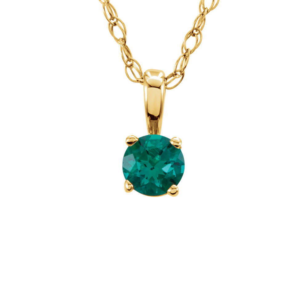 Youth 3mm Round Created Emerald Necklace in 14k Yellow Gold