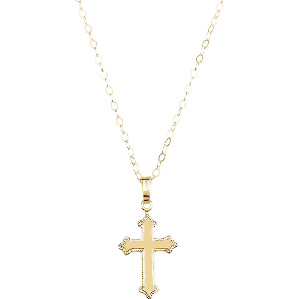 Youth Fleur De Lis Cross Necklace in 14k Yellow Gold, 15 Inch