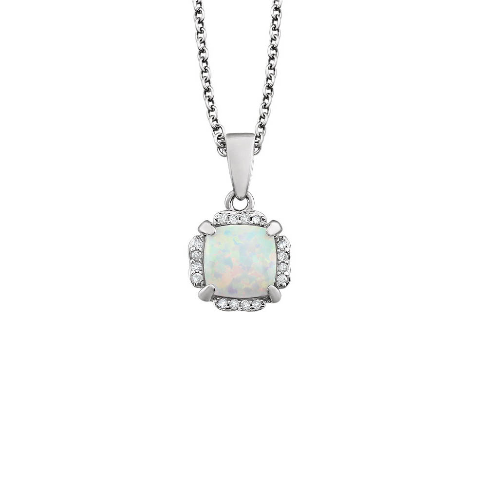 Cushion Created White Opal & Diamond 14k White Gold Necklace