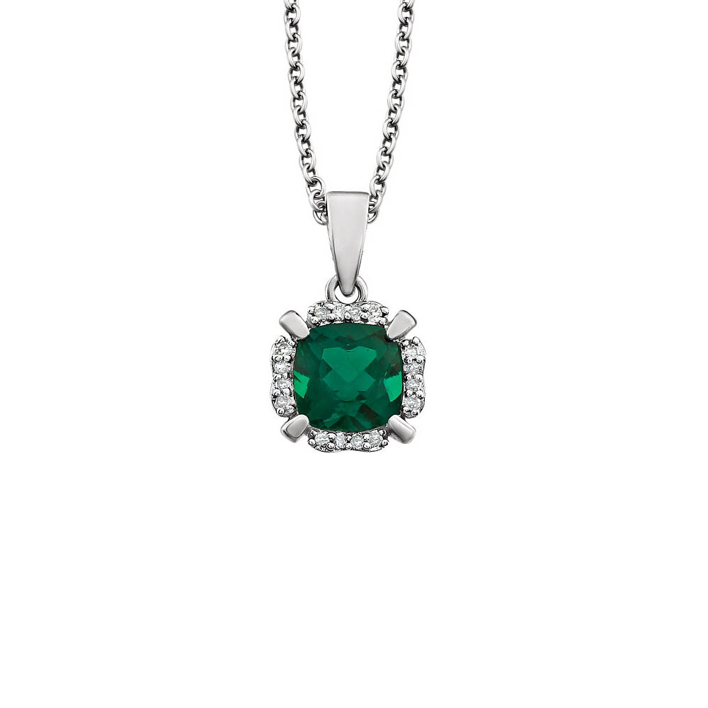 Cushion Created Emerald &amp; Diamond Necklace in 14k White Gold, 18 Inch