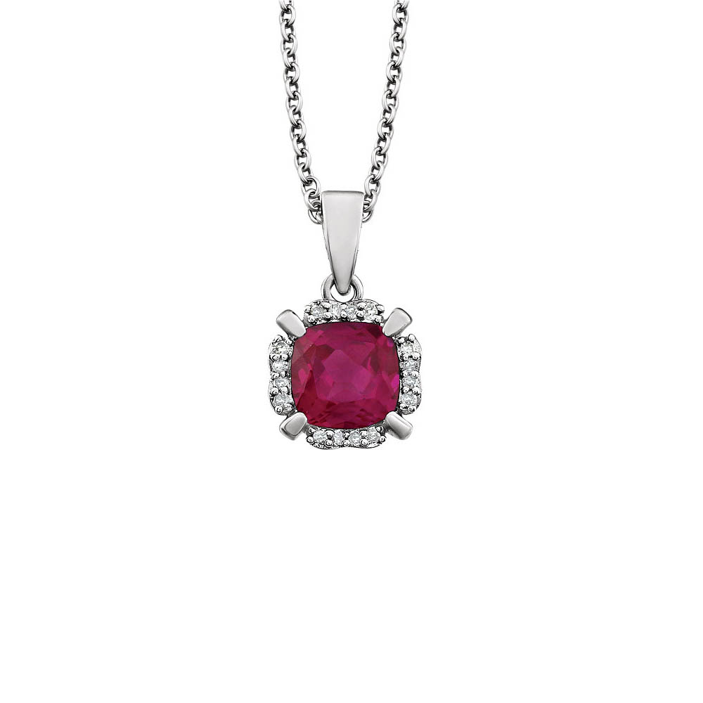 Cushion Created Ruby & Diamond Necklace in 14k White Gold