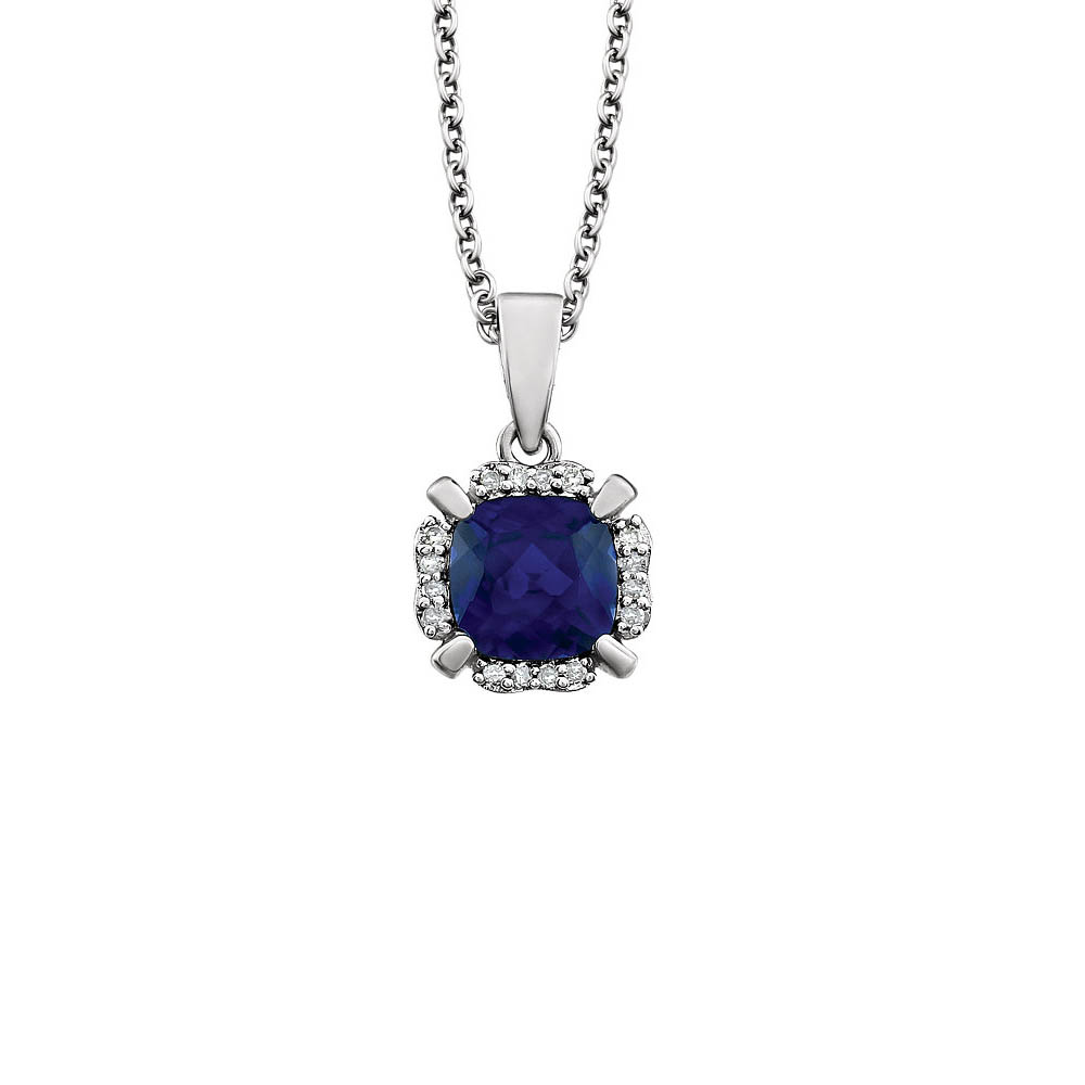 Cushion Created Sapphire &amp; Diamond Necklace in 14k White Gold, 18 Inch