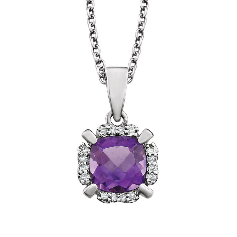 Cushion Amethyst &amp; Diamond Necklace in 14k White Gold, 18 Inch