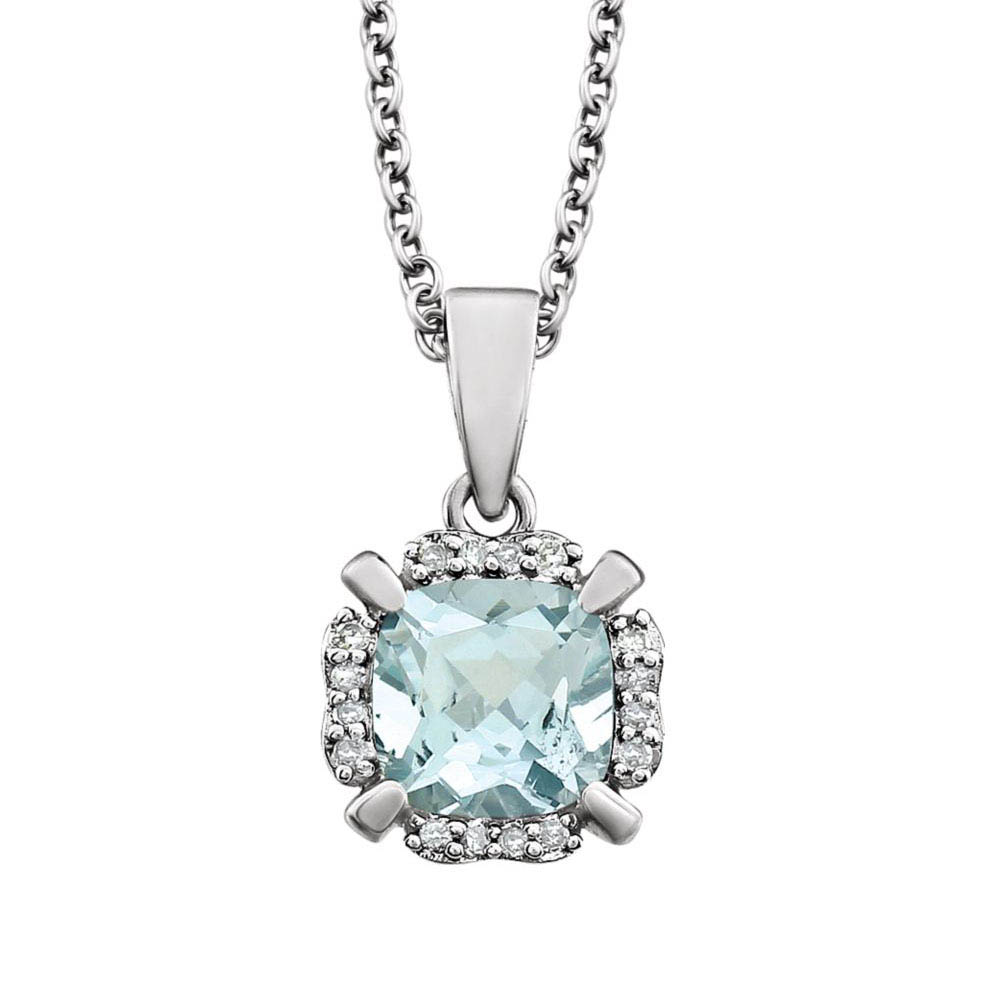 Cushion Aquamarine & Diamond Necklace in 14k White Gold, 18 Inch