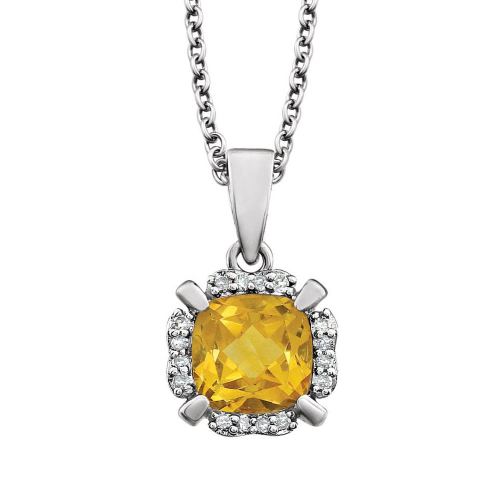 Cushion Citrine &amp; Diamond Necklace in 14k White Gold, 18 Inch