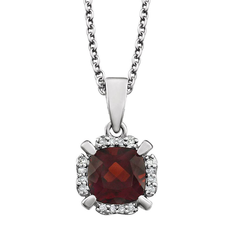 Cushion Mozambique Garnet &amp; Diamond 14k White Gold Necklace, 18 Inch