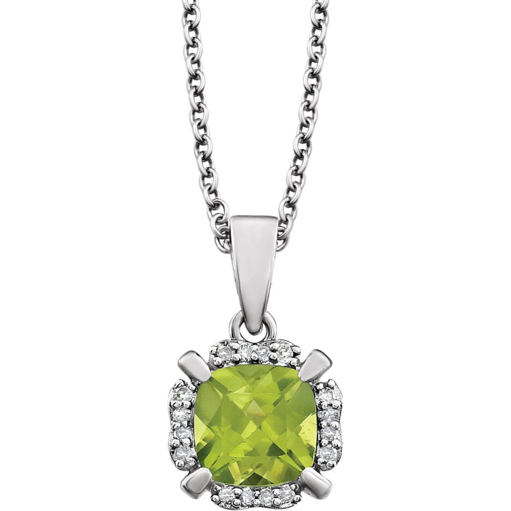 Cushion Peridot &amp; Diamond Necklace in 14k White Gold, 18 Inch