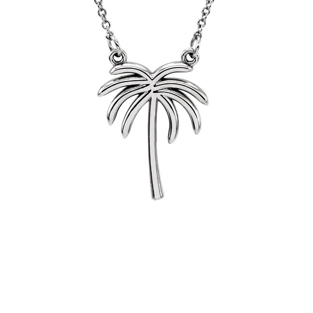 Polished Palm Tree Necklace in 14k White Gold, 16 Inch