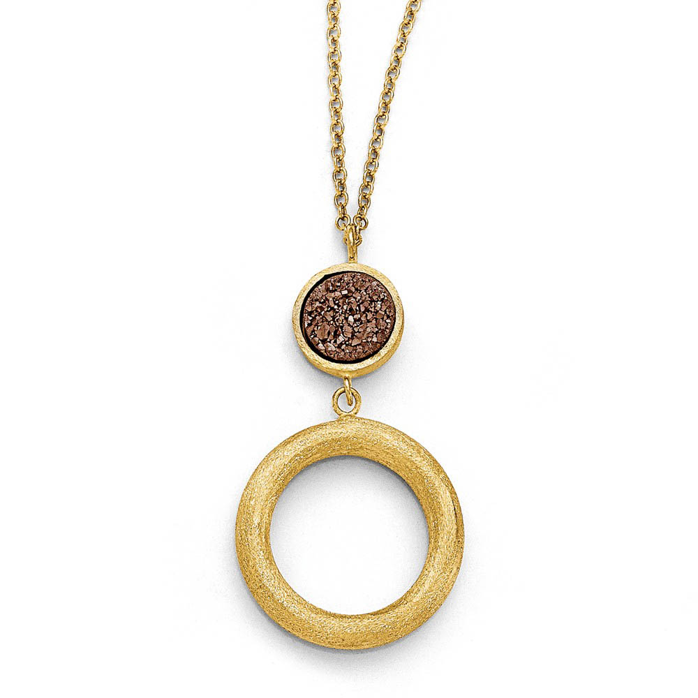 14k Yellow Gold Brown Druzy Disc & Open Circle Drop Necklace