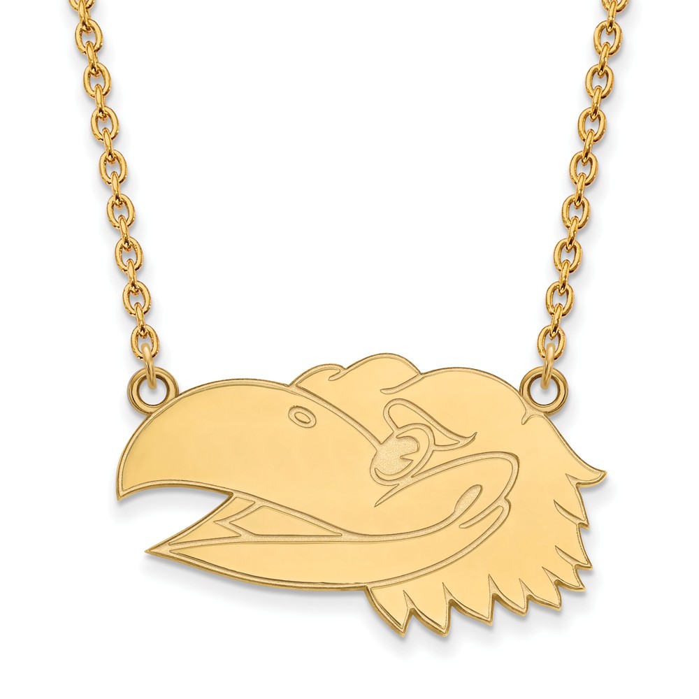 14k Yellow Gold U of Kansas Lg Jayhawk Logo Pendant Necklace