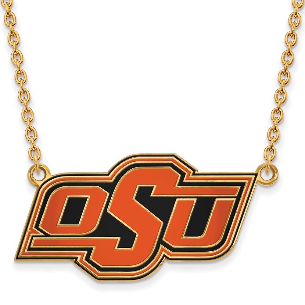 14k Gold Plated Silver Oklahoma State Lg OSU Enamel Necklace