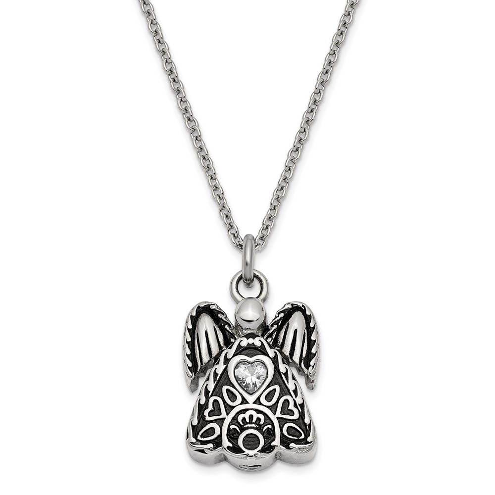 Antiqued Stainless Steel April CZ Angel Ash Holder Necklace, 18 Inch