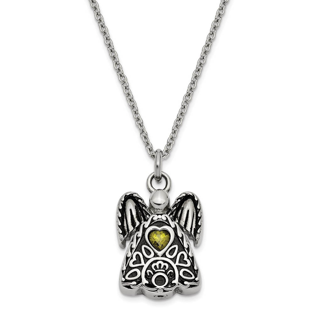 Antiqued Stainless Steel August CZ Angel Ash Holder Necklace, 18 Inch